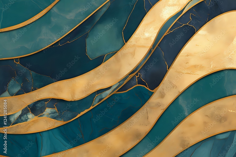 Poster luxurious abstract waves in deep teal and gold marble texture with flowing lines create elegant patt