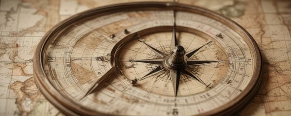 Fototapeta premium Close up of faded compass on old nautical chart, nautical chart, close up