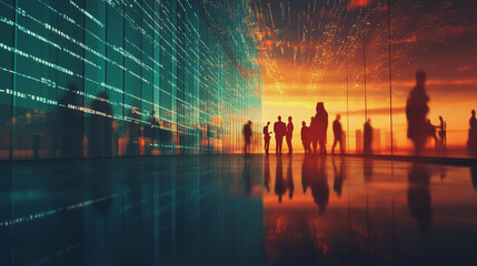 Fototapeta premium abstract professional business team people connection of line from nail node to node on Smart digital cityscap and skyline background , Innovation networking concept