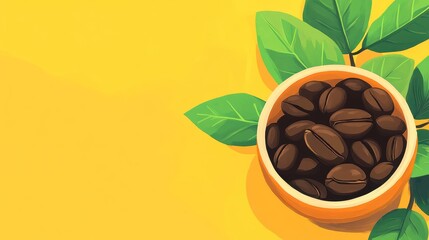 Obraz premium A bowl of coffee beans surrounded by green leaves on a bright yellow background.
