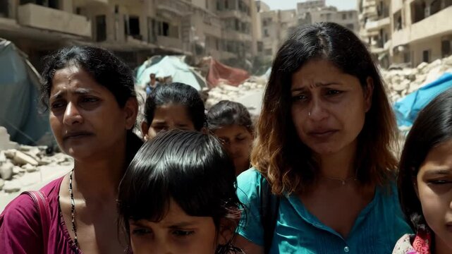 Group of women and children are standing in a city street. The women are looking at something, and the children are looking at the ground. Scene is sad and serious