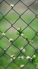 Fototapeta premium Delicate white flowers bloom through a black wire fence in a vibrant green setting during springtime