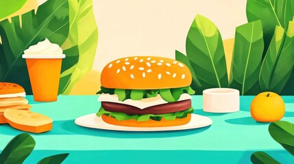 A colorful illustration of a burger and drinks on a table surrounded by plants.