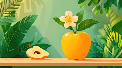 A stylized yellow apple with a flower and leaf, next to a sliced apple, set in a lush background.
