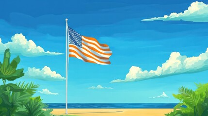 A waving American flag on a beach with a clear blue sky and ocean in the background.
