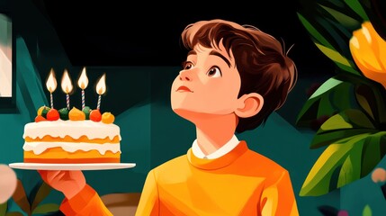 A boy holds a birthday cake with candles, looking up with excitement and anticipation.