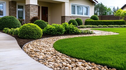 Obraz premium Beautifully landscaped front yard with smooth stones, lush green grass, and well-trimmed shrubs enhancing the curb appeal of a suburban home