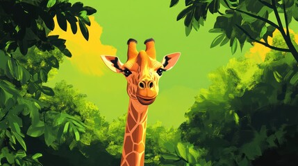 A cheerful giraffe stands amidst lush greenery in a vibrant, animated style.