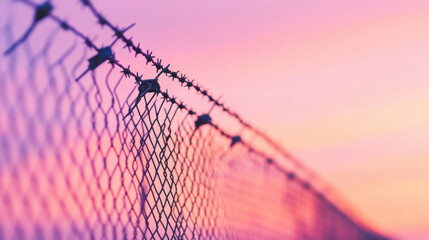Barbed wire fence silhouette against a vibrant sunset sky with pink and purple hues