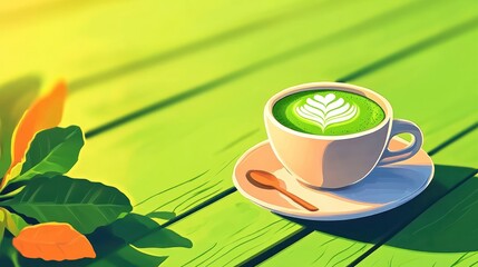 A vibrant cup of green beverage with latte art on a wooden table, surrounded by leaves.