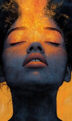 Portrait of a woman with fiery elements emanating from her head