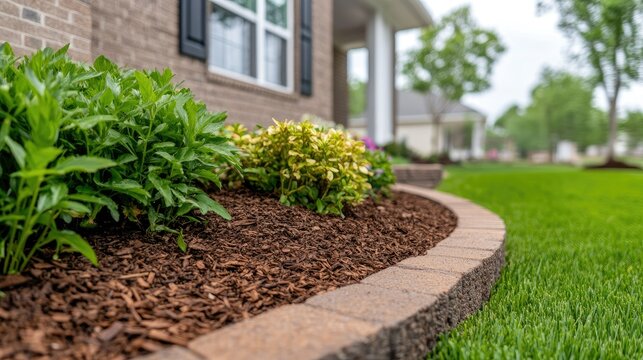 Well-maintained garden landscape with fresh mulch and vibrant greenery near residential home during daytime