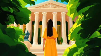 A woman in a yellow dress stands before a grand building surrounded by greenery.