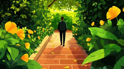 A person walking down a flower-lined path in a vibrant garden.