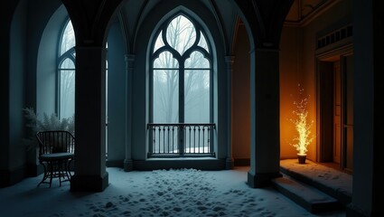 Fototapeta premium Gothic design of Balcony On Winter, cinematic photography
