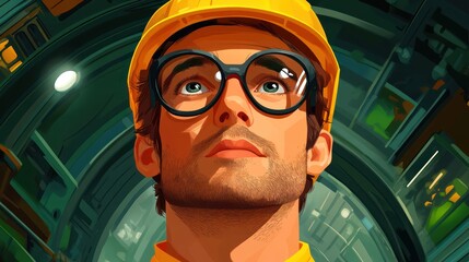 A young man in a yellow hard hat and glasses, gazing upward in an industrial setting.