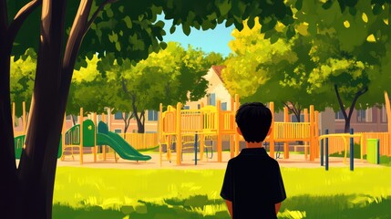 A child gazes at a vibrant playground surrounded by trees on a sunny day.