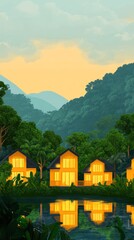 Serene landscape featuring illuminated houses by a tranquil lake surrounded by lush greenery.