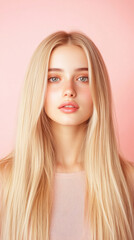 Naklejka premium Young Caucasian woman with long blonde hair on a soft pink background, portrait showcasing natural beauty and elegance
