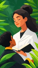 A woman in a lab coat reads to a child in a lush, green setting.