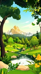 A serene landscape featuring mountains, trees, a river, and vibrant flora.