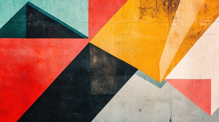 An energetic composition of overlapping geometric shapes in vibrant colors on textured wall