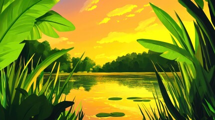A serene landscape featuring a lake at sunset, surrounded by lush greenery and reflections.