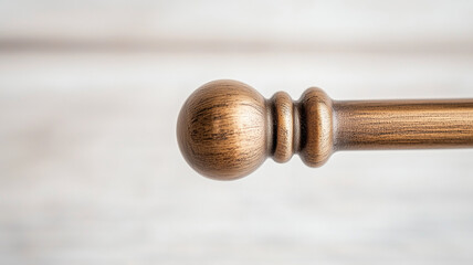 Wooden curtain rod end with round finial, showcasing warm brown finish and smooth texture. Ideal for home decor and interior design projects