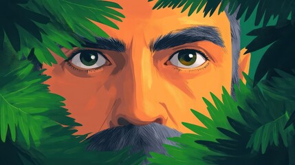 A close-up of a man's face peering through lush green foliage.