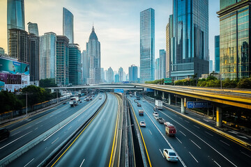 Fototapeta premium Wide Urban Highway with City Buildings – Modern Cityscape View