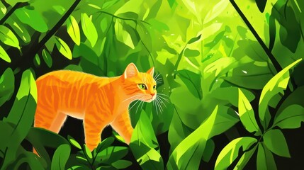 An orange cat prowls through lush green foliage in a vibrant jungle setting.