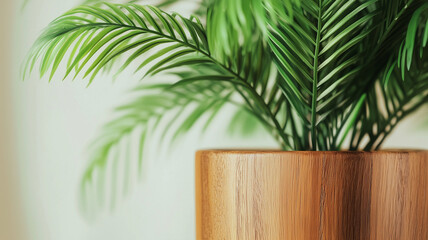 Lush green palm leaves in wooden pot create serene indoor atmosphere, perfect for enhancing home decor and bringing nature indoors