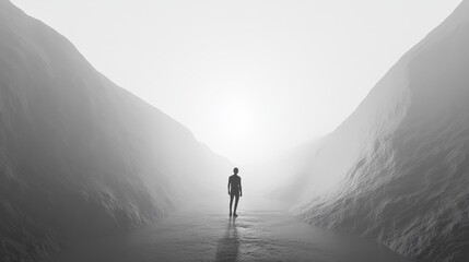 Obraz premium Solitary Figure Walking Between Misty Mountains