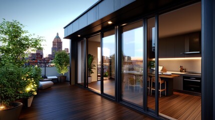 Modern urban apartment balcony at sunset with city skyline view, showcasing stylish decor and plants