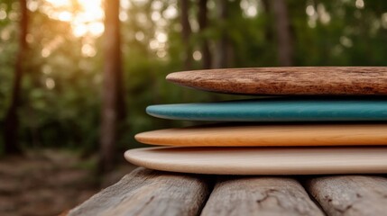 Naklejka premium An arrangement of stacked wooden plates bathed in soft light reveals the beauty of natural grain and texture, celebrating simplicity and craftsmanship in each unique piece created.
