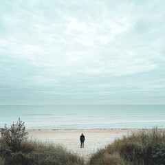 Solitary figure by tranquil beach under overcast sky