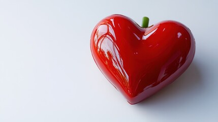 A heart-shaped vibrant red tomato with a glossy surface and fresh green stem, isolated on a white background.