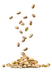 Pistachios falling on bunch isolated on white background.