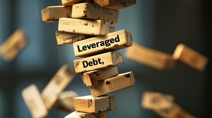 Jenga Tower with Leveraged Debt Words in High Fidelity Detail