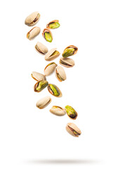Pistachio nuts flying isolated on white background.