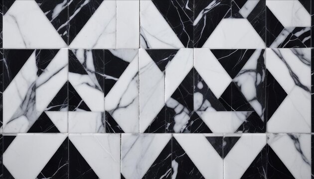 Black and White Marble Geometric Tiles:  A captivating geometric pattern of black and white marble tiles. Triangles interlock.