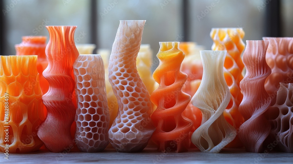 Poster colorful collection of uniquely shaped vases arranged in a row against a soft-focus background