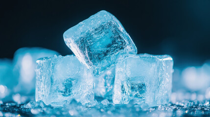 Obraz premium Close up of translucent ice cubes stacked together on reflective surface with blue lighting