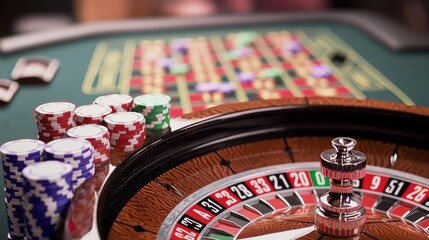 Colorful roulette table with chips in foreground, vibrant casino atmosphere in background