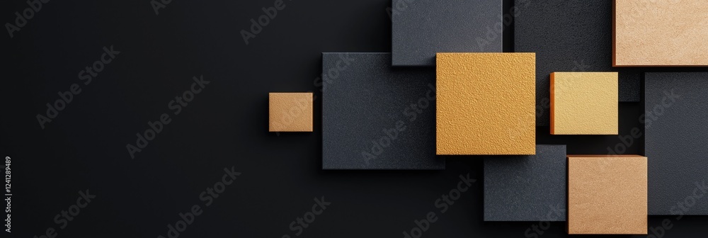 Poster a black background with a gold and black square pattern. the squares are of different sizes and are 