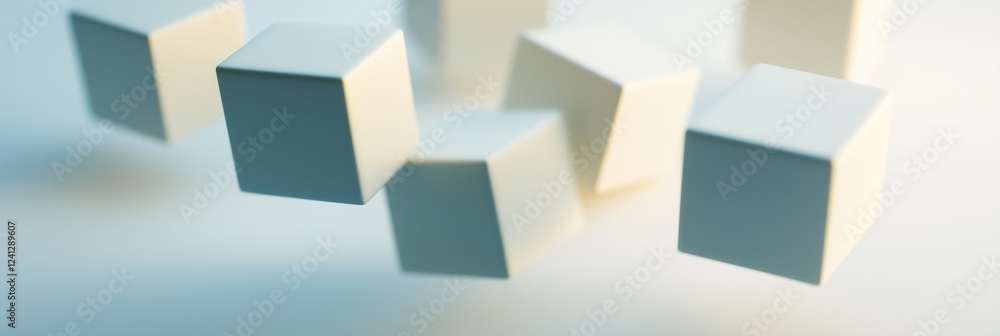 Poster a group of white cubes are floating in the air. the cubes are arranged in a way that they appear to 