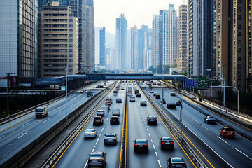 Fototapeta premium Wide Urban Highway with City Buildings – Modern Cityscape View