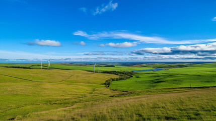 Fototapeta premium A scenic landscape featuring wind turbines and solar panels under a clear blue sky. Green fields stretch beyond, symbolizing clean and renewable energy solutions.