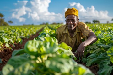 African farmer working in crop field agriculture sustainable agriculture farming rural community global food security promoting organic products ethical sourcing.