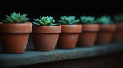 Fototapeta premium Succulent plants in terracotta pots arranged on wooden shelf, creating serene and calming atmosphere. vibrant green leaves contrast beautifully with earthy tones of pots
